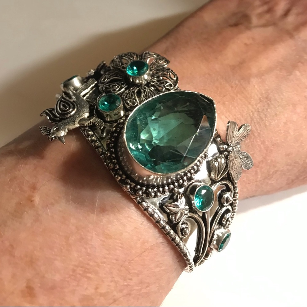 Aquamarine Stamped Solid 925 Sterling Silver Cuff Bracelet